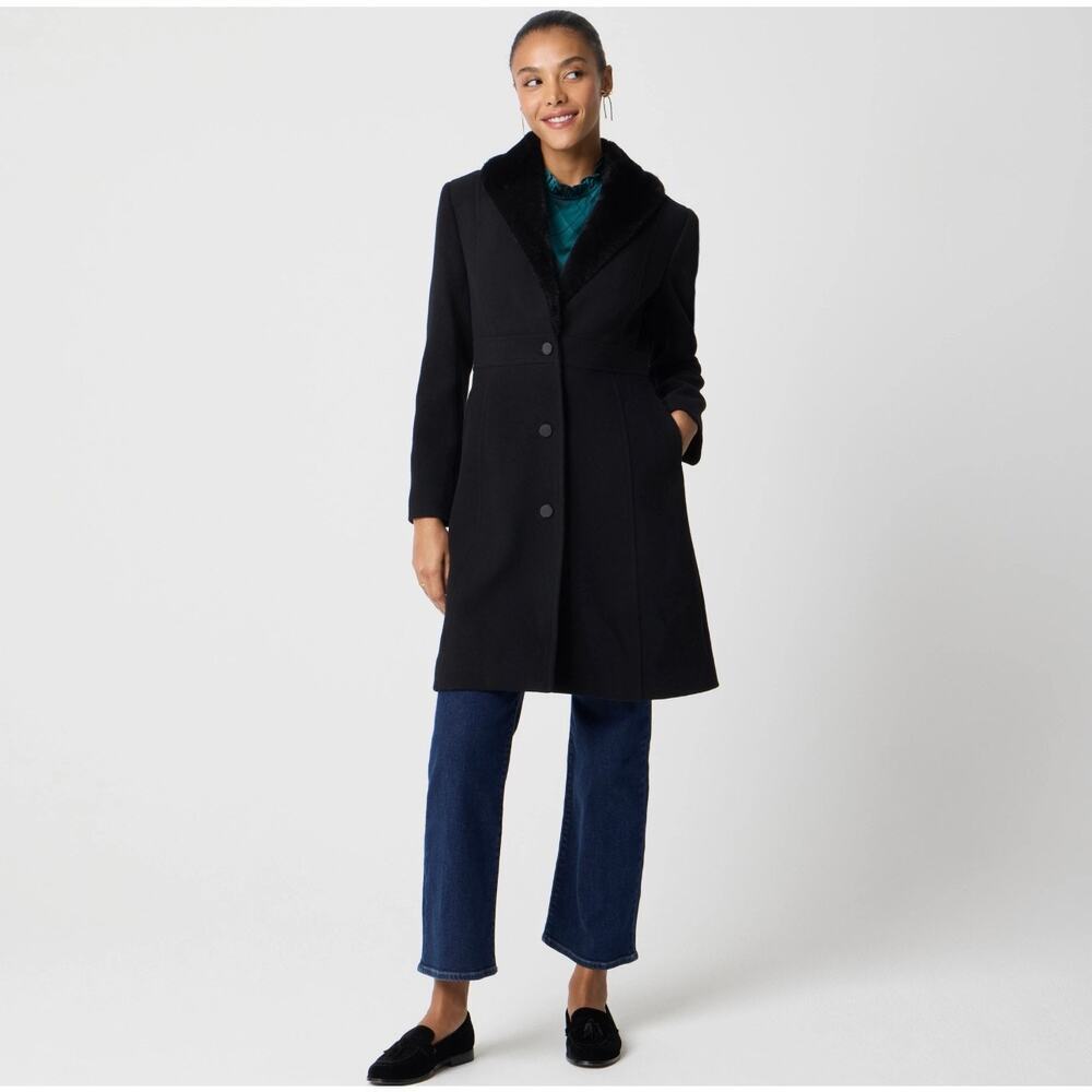 J. Crew Women's Lady Day Coat with Faux-Fur Shawl Collar Black Size 8 NWT